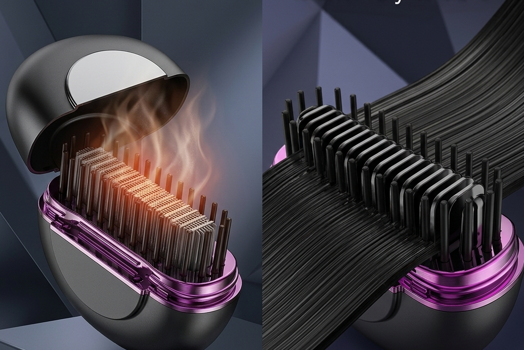 Hair care product with heating element and comb, featuring text about fast heating and smooth glide.